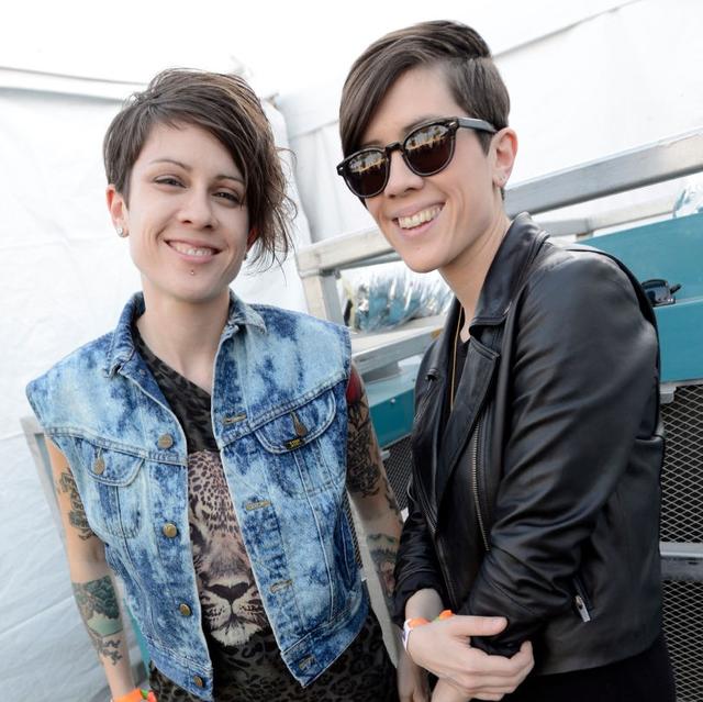 INDIO, CA - APRIL 12: Tegan Quin (L) and Sara Quin of Tegan and Sara pose at the 2013 Coachella Valley Music & Arts Festival at the Empire Polo Field on April 12, 2013 in Indio, California. (Photo by Tim Mosenfelder/WireImage)