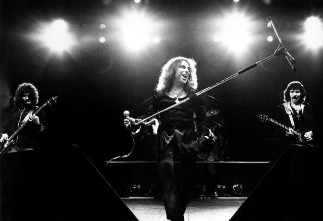 UNITED KINGDOM - JUNE 25: Photo of BLACK SABBATH and Ronnie DIO; L-R: Geezer Butler, Ronnie Dio, Tony Iommi performing live onstage at Gaumont (Photo by Fin Costello/Redferns)