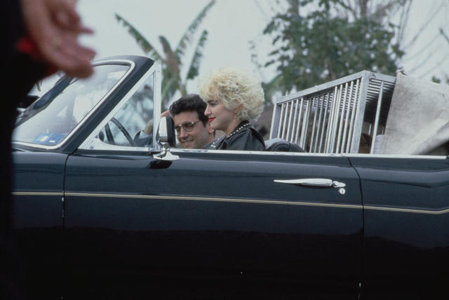 American singer and actress Madonna and her co-star Griffin Dunne on the set of the film 'Slammer', later titled 'Who's That Girl?', USA, circa 1987. (Photo by Vinnie Zuffante/Michael Ochs Archives/Getty Images)