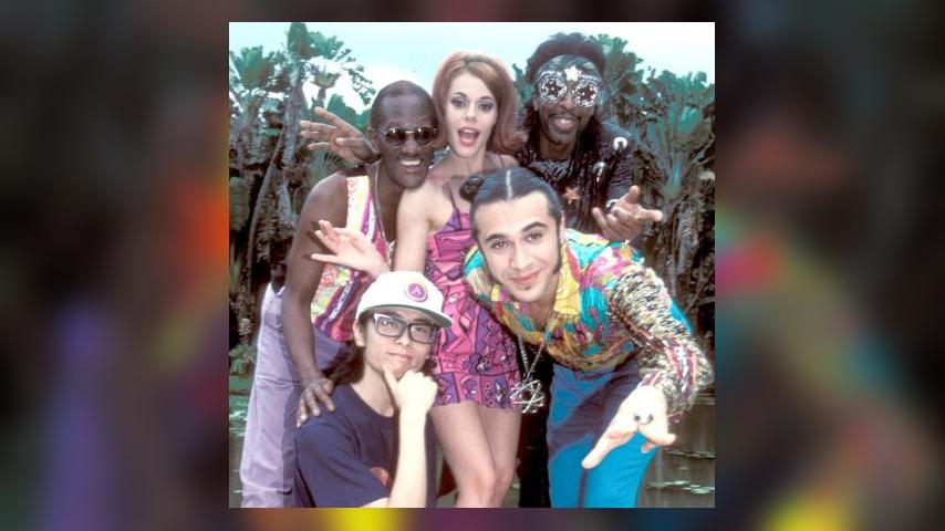 Dee Lite band members, Towa Tei, DJ On-E, DJ Dmitry, Lady Miss Kier are shown posing for a group photo before their performance at Rock in Rio II on January 25, 1991. (Photo by John Atashian/Getty Images)