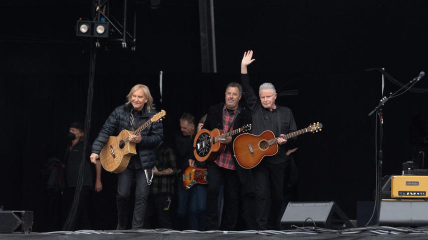 EDINBURGH, SCOTLAND - JUNE 22: Joe Walsh, Vince Gill and Don Henley of the Eagles enter on stage at Murrayfield on June 22, 2022 in Edinburgh, Scotland. (Photo by Roberto Ricciuti/Redferns)